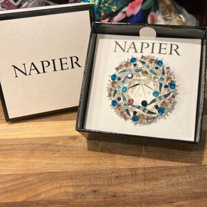 Napier Brooch Blue and Pink Crystal Silver Tone New in Box! Great Gift
